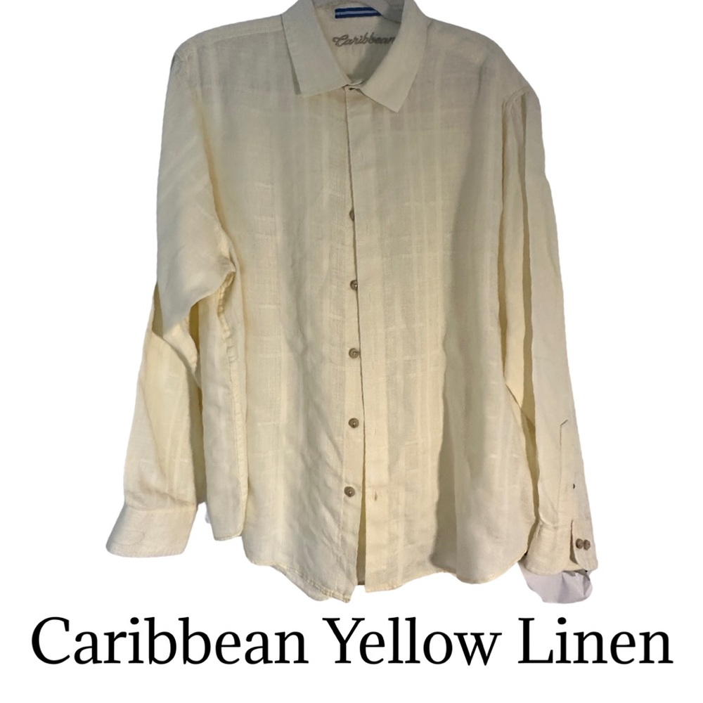 Ⓜ️🌴☀️Indulge‎ in the charm of this Caribbean Yellow Linen Button-Down